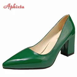 Aphixta New 2.75Inch Square Heel Patent Leather Shoes Women Pumps Dark Green Thick Heels Work Pointed Toe Plus Size 50