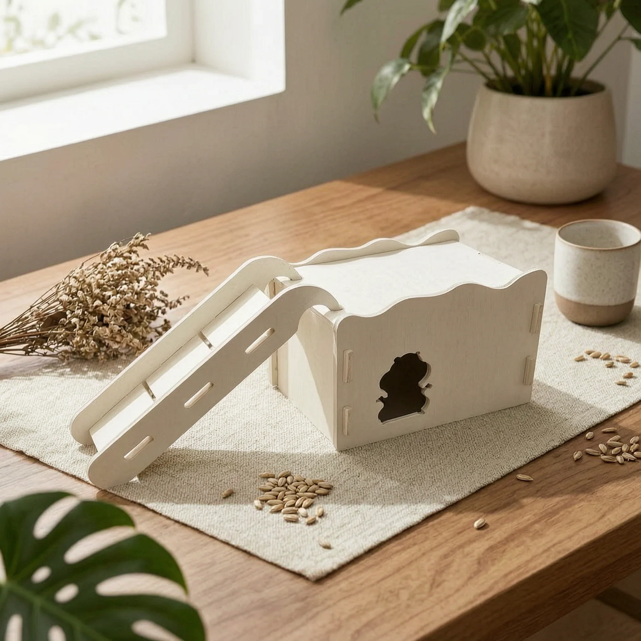 

Hamster Hideout with Ramp Slatted Wooden Hamster House Multi-Level Hideout Rectangular Small Pet House Space-Saving