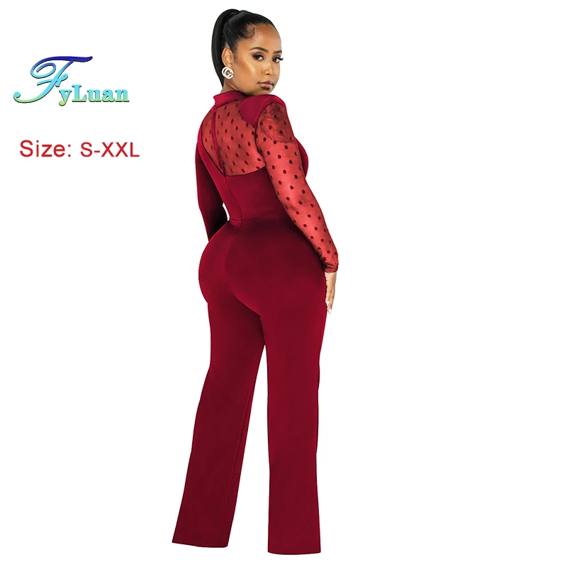 Nuove donne di arrivo maglia trasparente temperamento pantaloni a gambe larghe tinta unita slim o collo collo in pizzo occasione formale ufficio tuta lunga