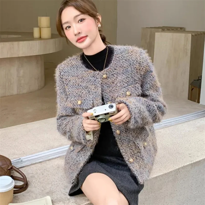 

French Women Fashion Round Neck Patchwork Coat Lady Long Sleeves Cardigan Jacket Autumn Female High-end Casual Short Top Outwear