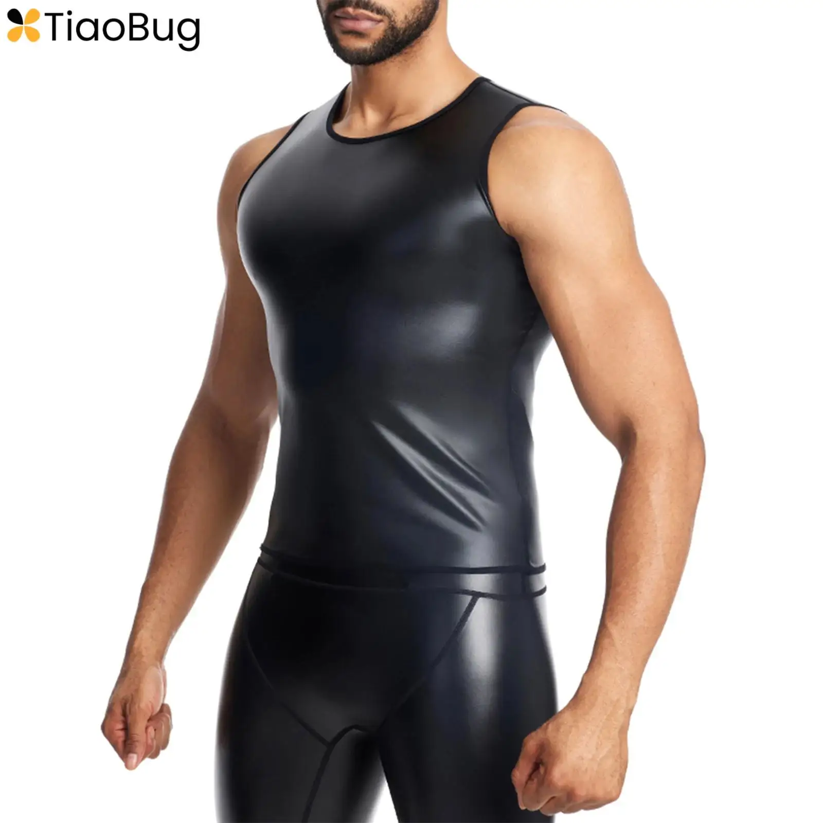 Mens Motorcycle Compression T-shirt Tops Clubwear Long Sleeve PU Leather Stand Collar Windproof Stretchy Shirt Driving Fitness