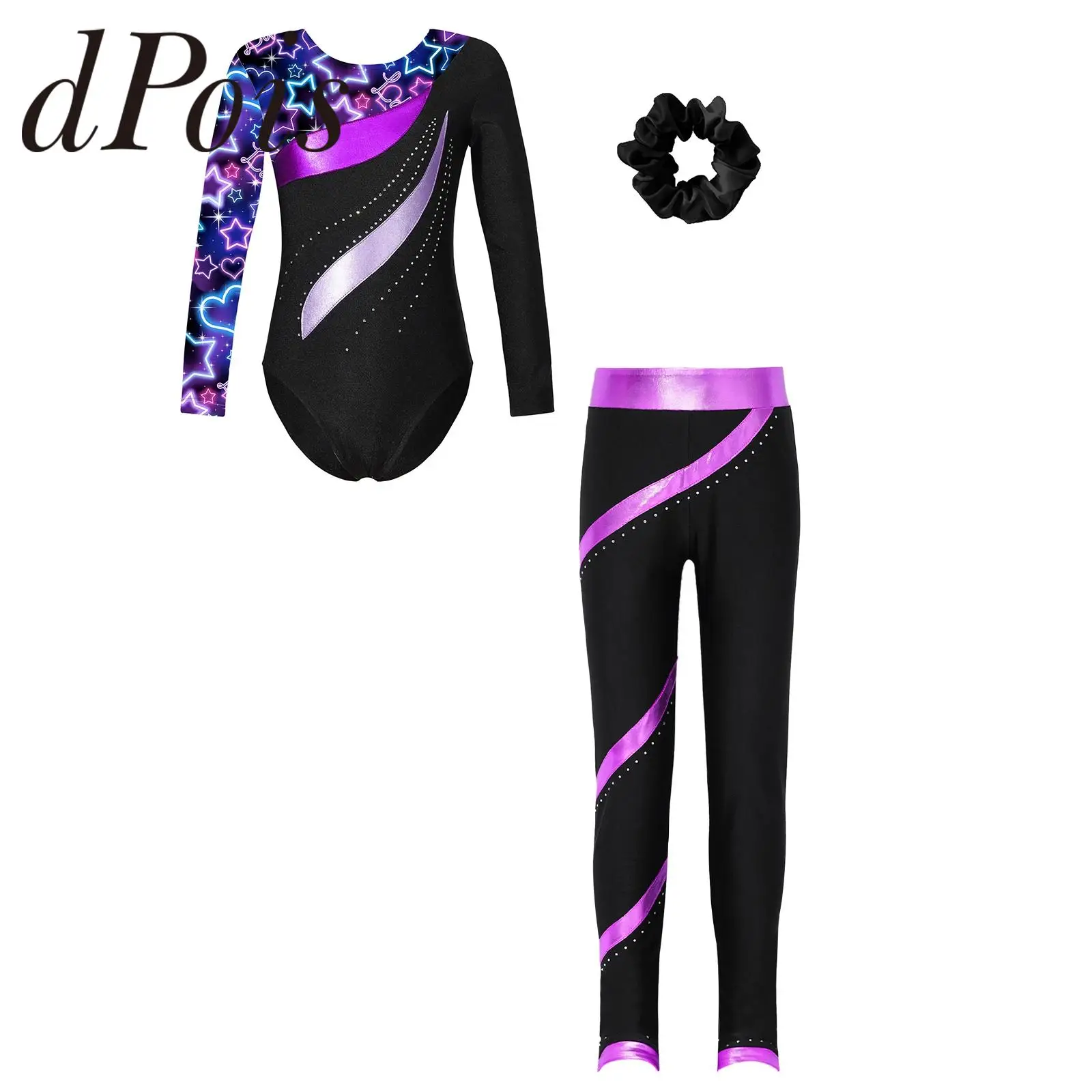 Kids Girls Rhythmic Gymnastics Bodysuit Ballet Dance Set Long Sleeve Round Neck Printed Leotard with Pants for Skating Jumpsuit