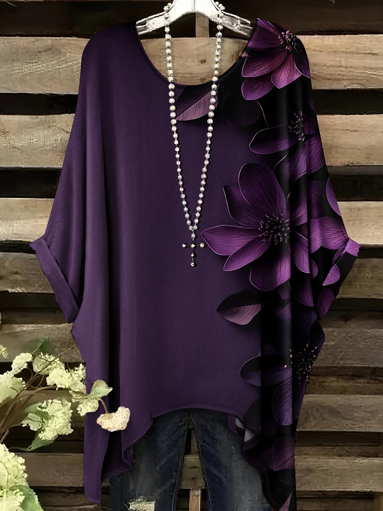 Women Plus Size Purple Floral Print T-Shirt Swallowtail Hem Round Neck Short Sleeve Casual Summer Tops