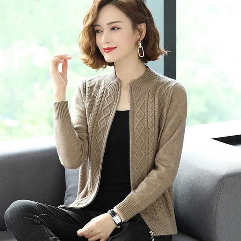 Korean Fashion Solid Color Casual Knitted Sweater Check Stripe Stand Collar Jacket Cardigan Plus Size Loose Vintage Women'S Top