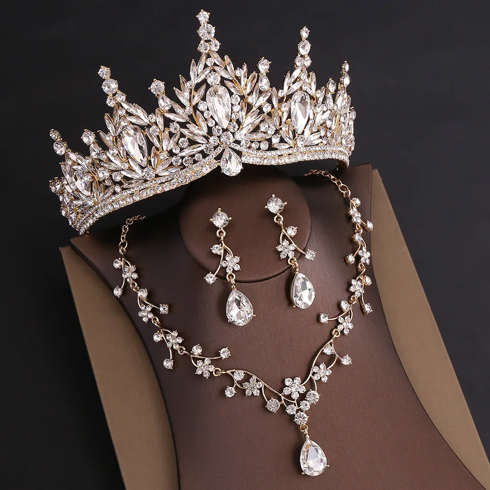 KMVEXO Luxury Colorful Crystal Water Drop Bridal Jewelry Sets Rhinestone Tiara Crown Necklace Earrings Wedding Dubai Jewelry Set