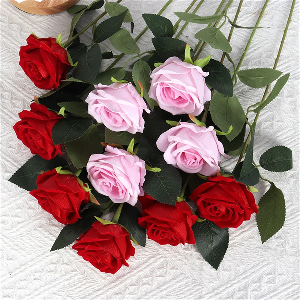 Artificial Flowers Fake Roses With Stem Red Silk Rose Bouquet Wedding Home Table Decoration Christmas Valentine's Day Gift 1PCs