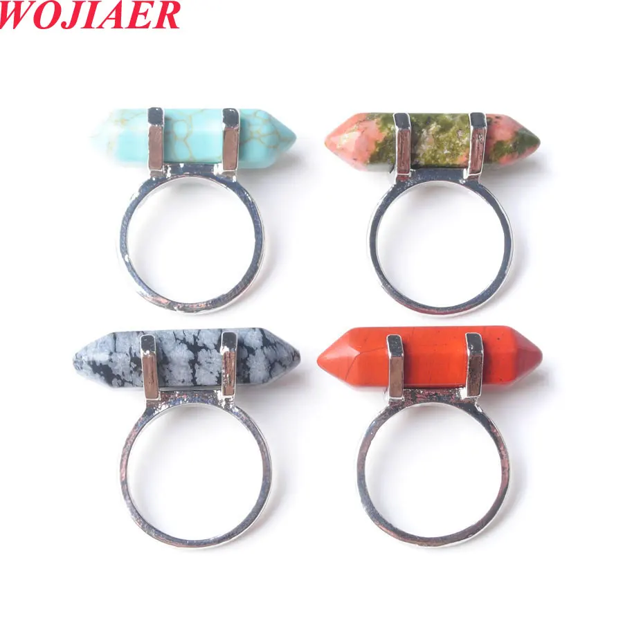 Natural  Gemstone Hexagonal Silver Color Wire Wrap Rings for Women Creative Finger Jewelry 1PCS BZ912