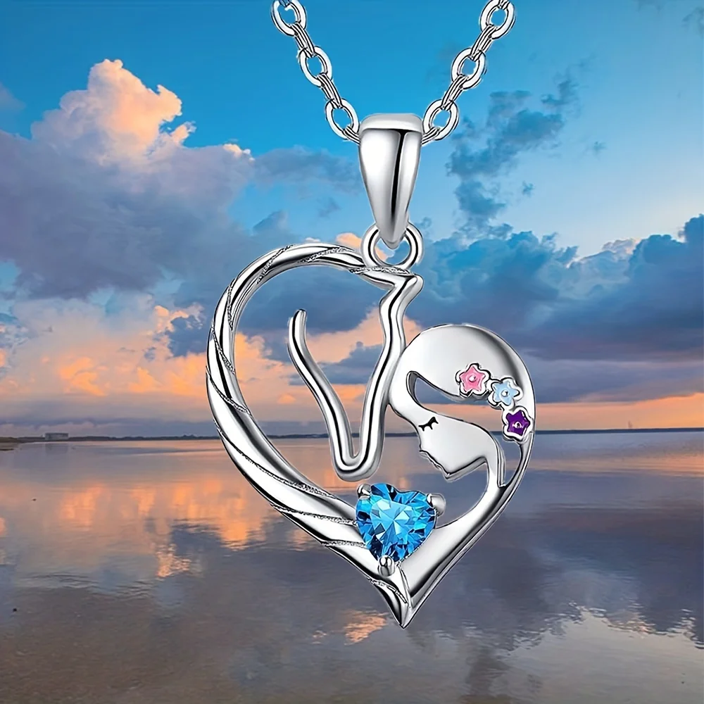 1pc Exquisite Fashion Girly Horse Blue Heart Shape Delicate Zircon Pendant Necklace, New Versatile Heart Necklace Perfect Gift