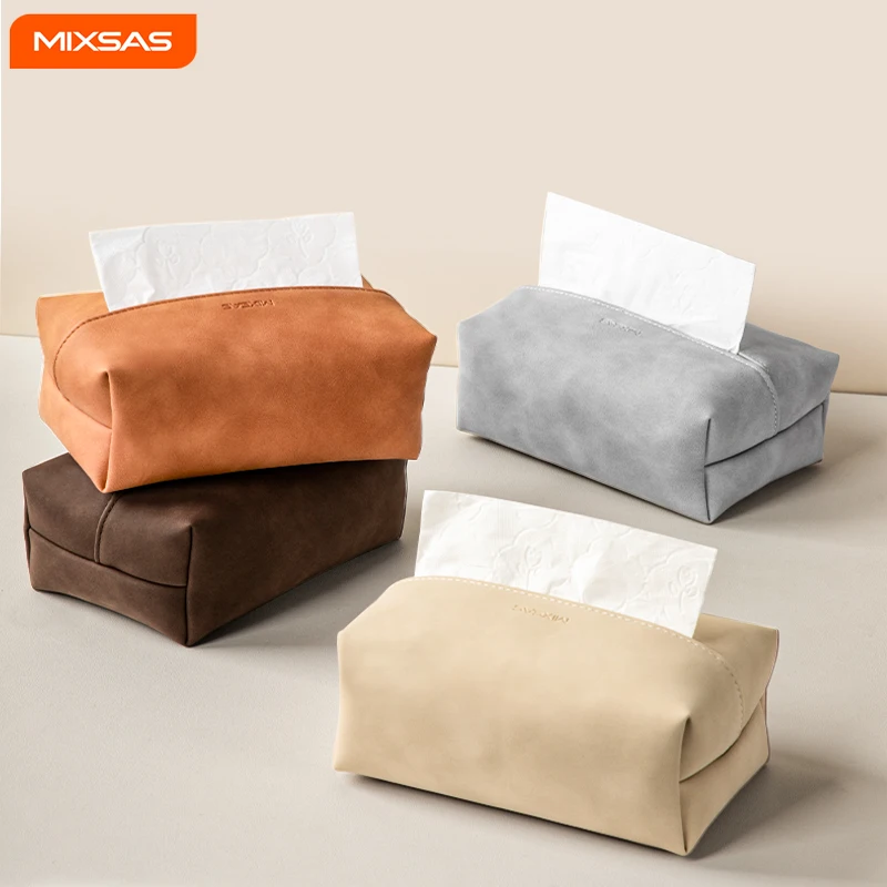 

MIXSAS Artificial Leather Tissue Box Light Square Design Solid Color Tissue Storage Box, PU Faux Lambskin Pumping Paper Box