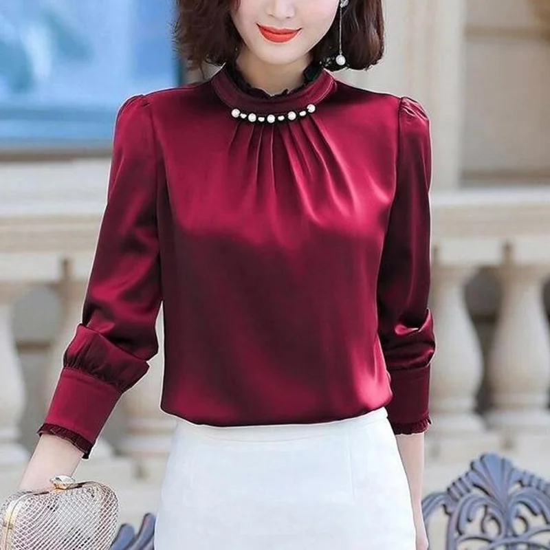 Temperament Chiffon Loose Shirt Tops Spring New Long Sleeve Solid Color Plus Size Pleated Blouse Fashion Office Women Clothing