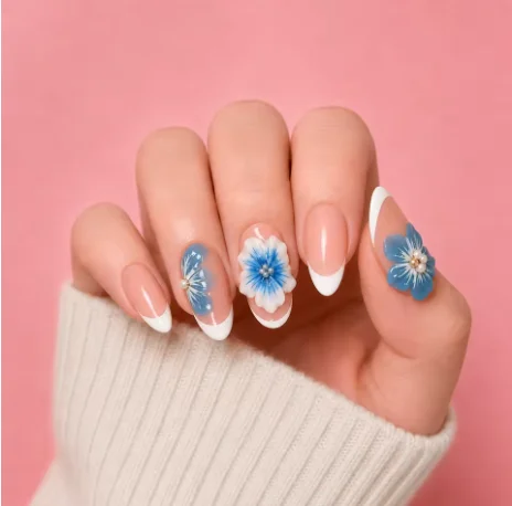 Almond French Press On Nails Nude Base 3D Blue Floral Rhinestone False Nails Reusable Wearable Nail Art For Girls