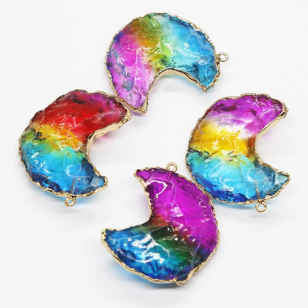 

Natural Semi Precious Stone Color Crystal Crescent Gold Edged Necklace Pendant Charms Quality Jewelry Accessories Wholesale 8Pcs