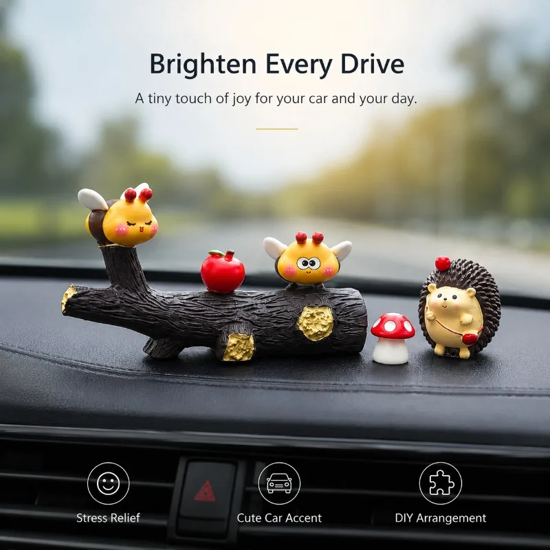 Funny Cute Bee Dashboard Decor Resin Car Ornament Figurine Set DIY Interior Miniature with Hedgehog Mushroom Apple Accessories