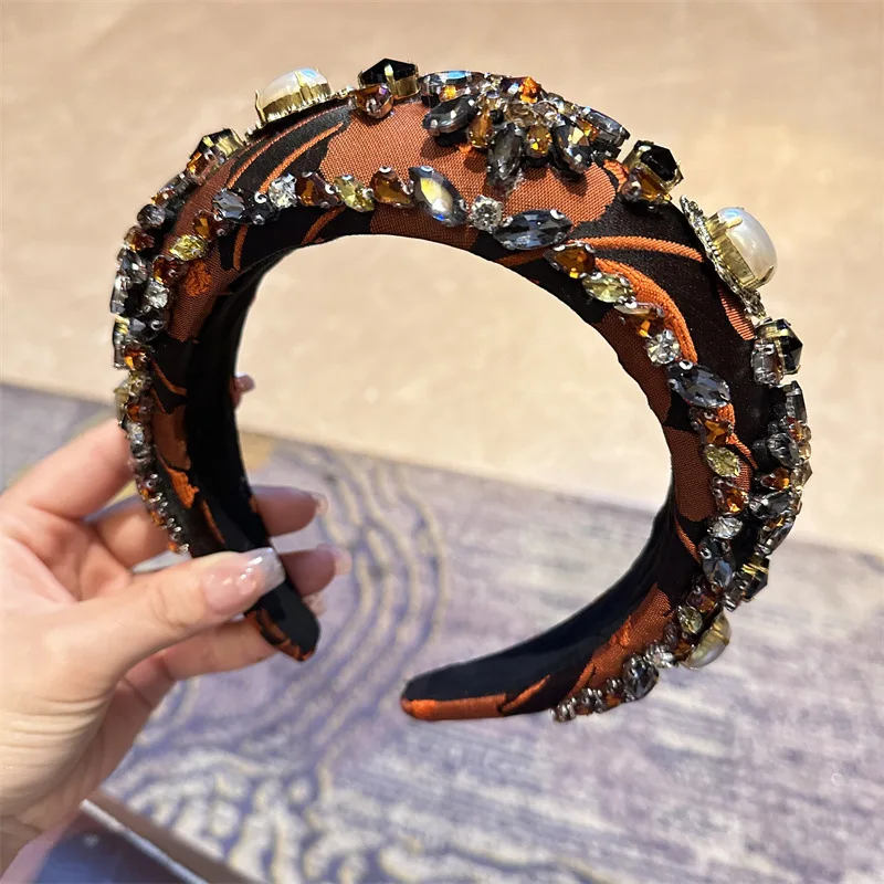 Orange Rhinestone Crystal Diamond Headbands for Women Fashion Handmade Wide Hair Hoops Beaded Bling HairBand Hair Accessories