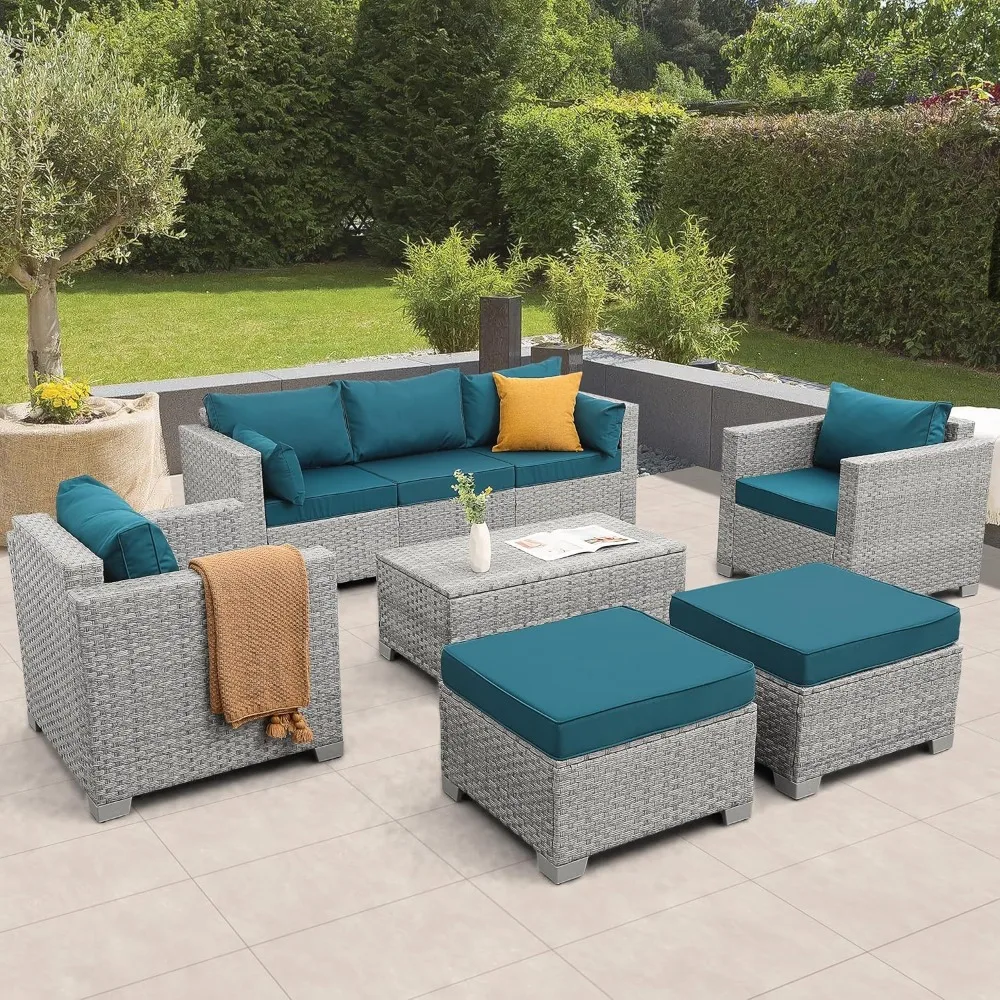 

Patio Furniture Set 6 Piece Outdoor Patio Set Grey Wicker Balcony Furniture Conversation Sets PE Rattan Couch Sofa with Coffee