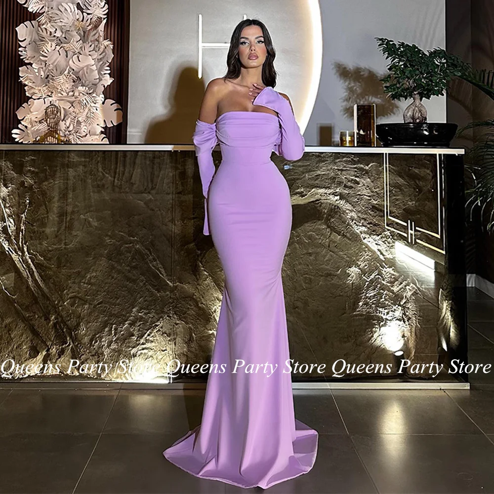 Lilac Mermaid Evening Dress Customized Long Sleeve Sweep Train Vestido De Noche High Quality Formal Prom Gown Party Dresses