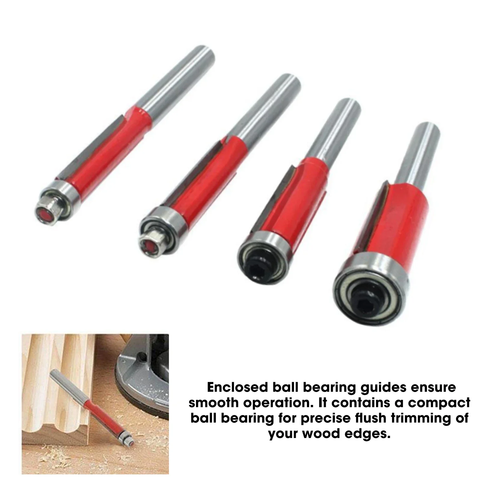 

Woodworking Tool End Mill 4Pc 6mm Lengthened Trimming Cutters with Bearing 1/4" Shank Flush Trim Router Bits for Wood