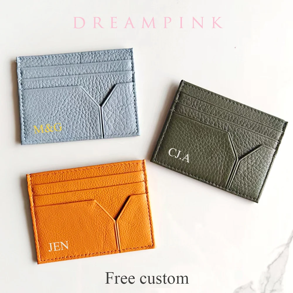 Personalize Name Genuine Leather Card Holder Custom Letters Luxury Men Slim Business Card Wallet Engrave Logo Women Card Case