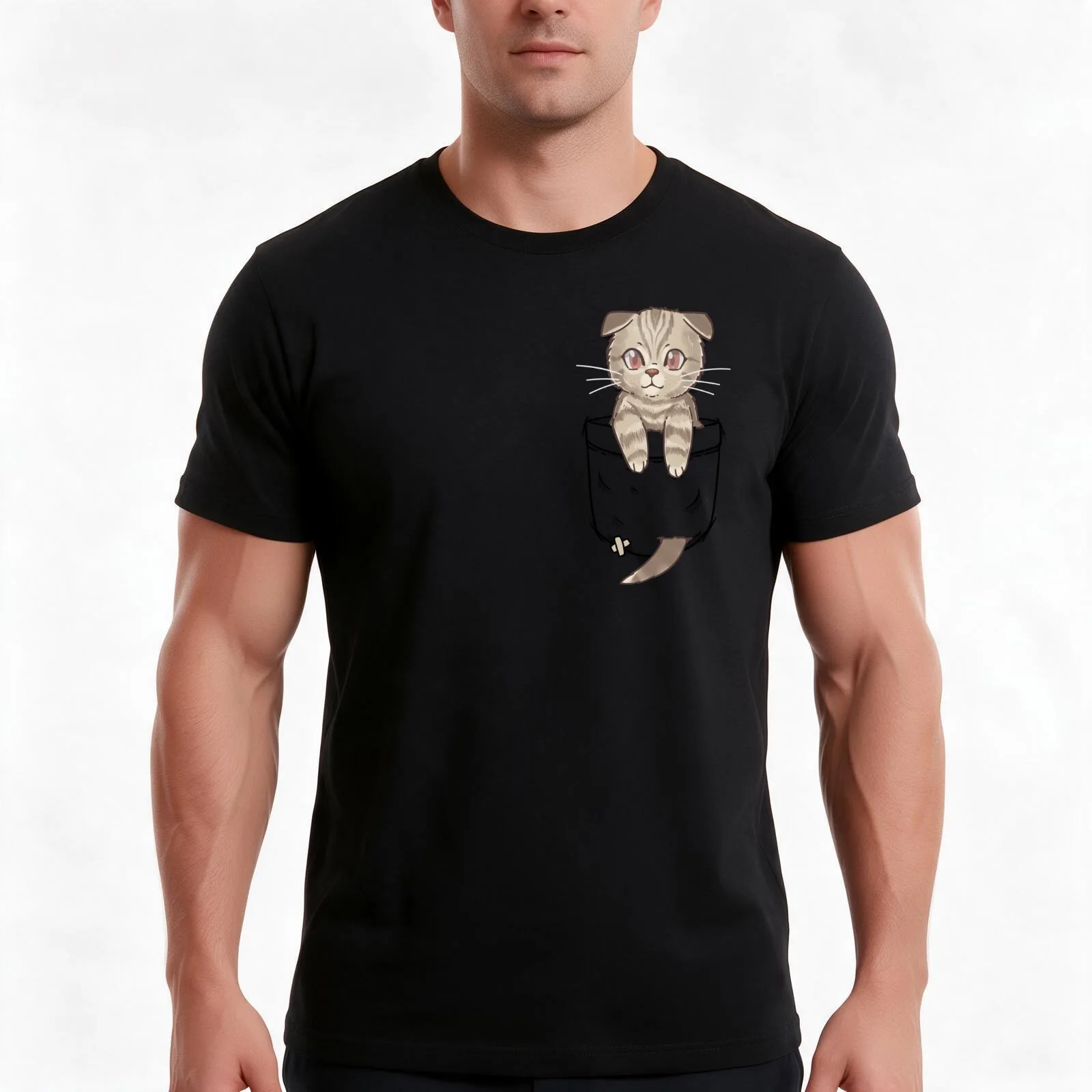 Pocket Cute Scottish Fold Cat Kitten T-Shirt, Summer Casual Cotton Tee, Oversized Streetwear Tops, Vintage Graphic Print