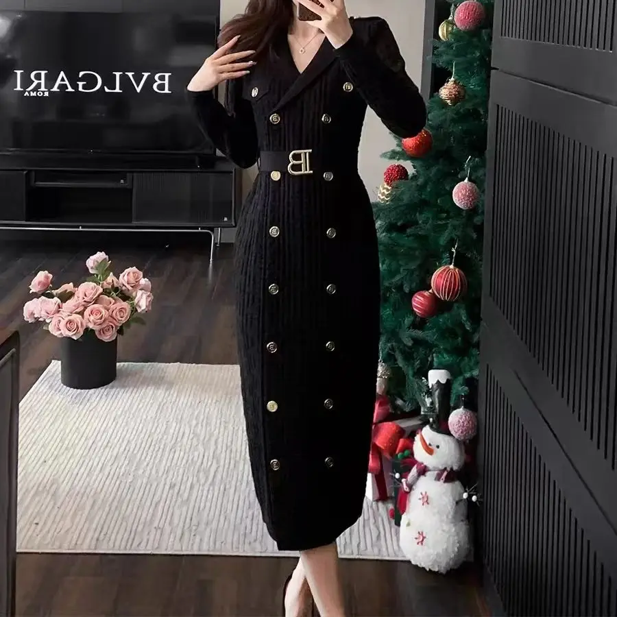 

Spring And Autumn New Fashionable Temperament Commuter Suit Collar B-Buckle Belt Slimming Long Sleeve Knitted Long Coat