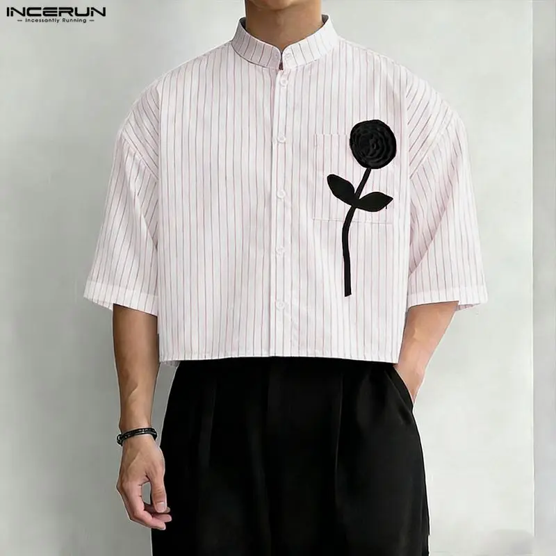 INCERUN Men Shirt Striped Patchwork Stand Collar Short Sleeve Crop Tops For Man Summer Streetwear Loose 2026 Fashion Men Clothes