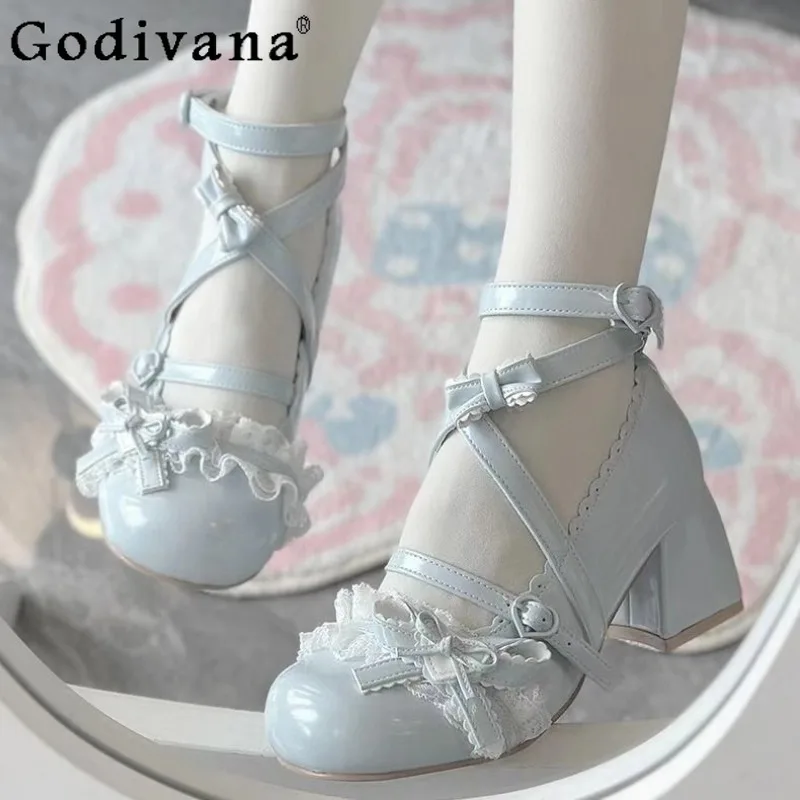 JK كعب منخفض الدانتيل جولة تو أحذية النساء القوس لوليتا عالية الكعب لوليتا أحذية لينة فتاة اليابانية تنوعا لطيف أحذية من الجلد