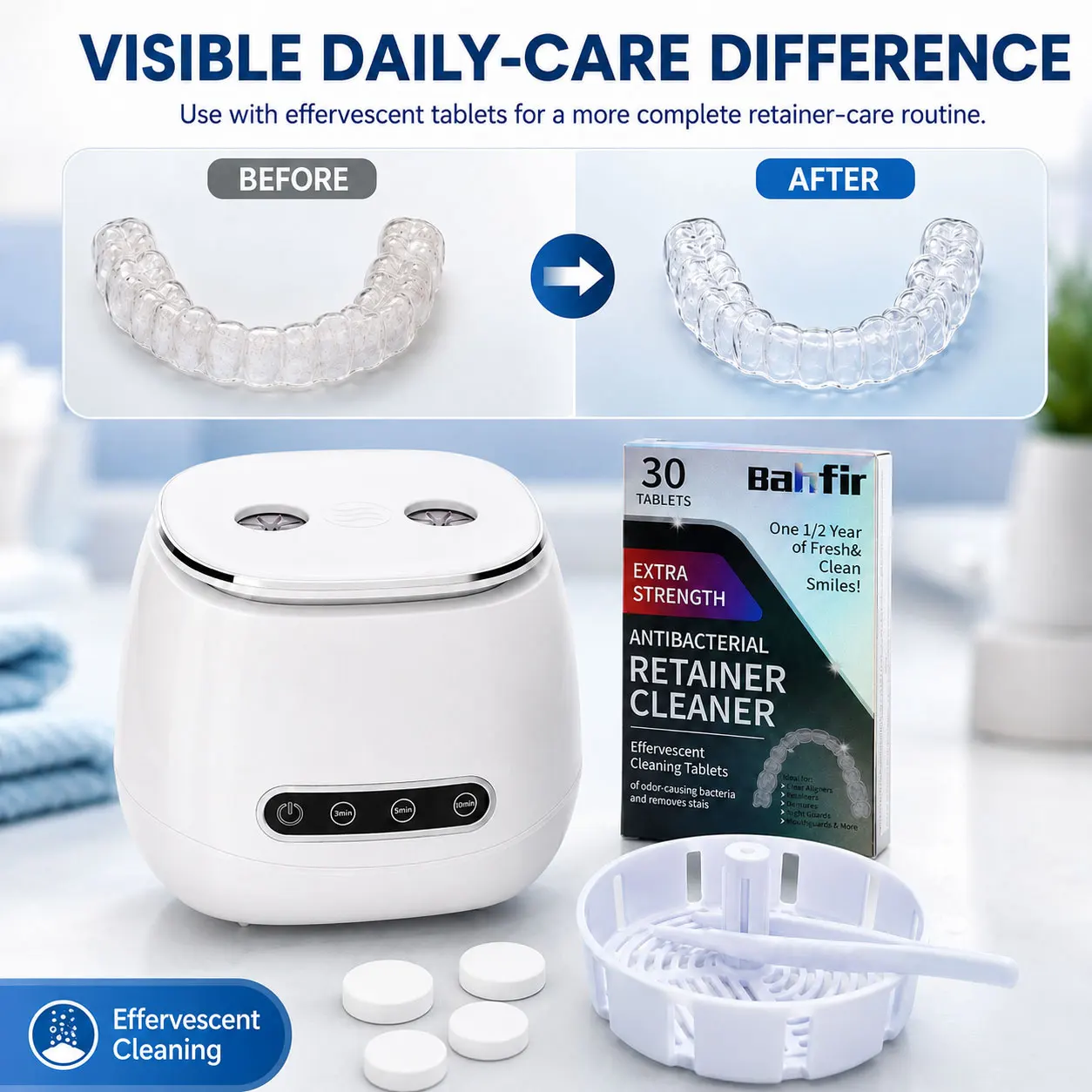 Portable 50KHz Sonic Cleaner,USB Rechargeable,30 Effervescent Tablets,Drain Basket&Tweezers,forBraces,Retainers,Dentures,Jewelry