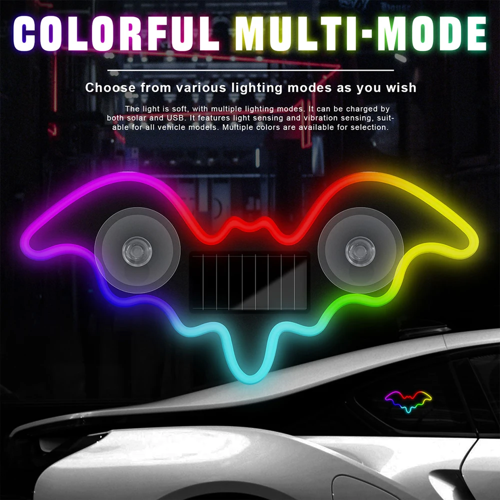 Solar Powered USB RGB Halloween Bat Shaped LED Ambient Light Car Interior Atmosphere Light Auto Windshield Night Light
