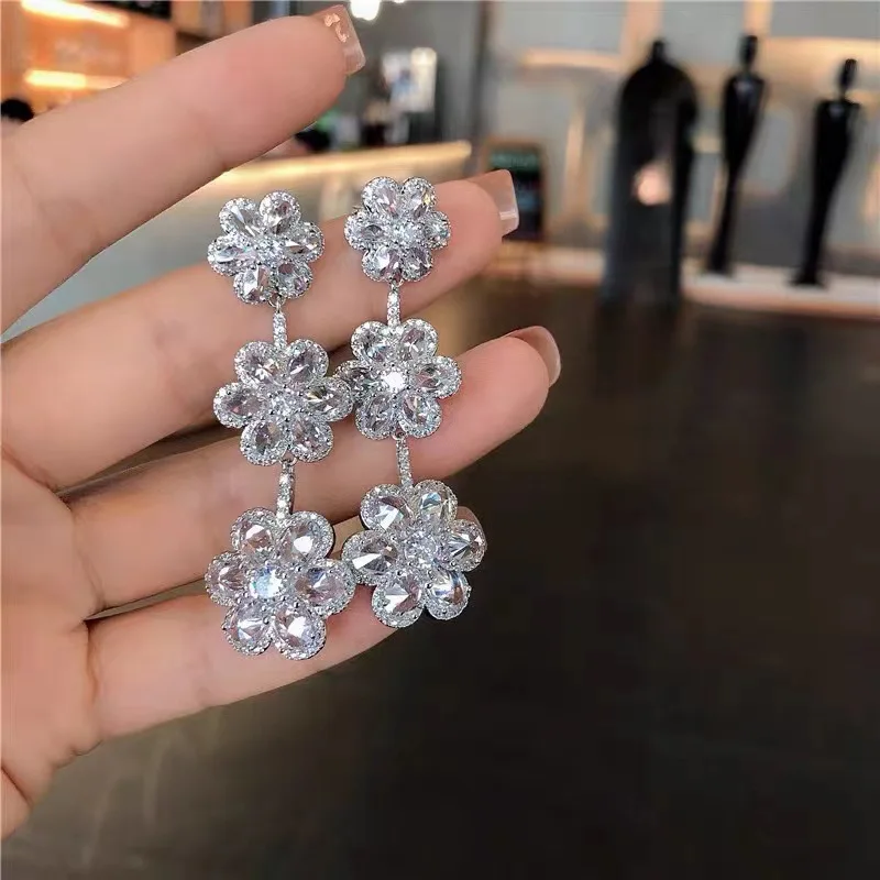 925 sterling silver full diamond three flower long earrings for women, high-end, light luxury, European and American temperament