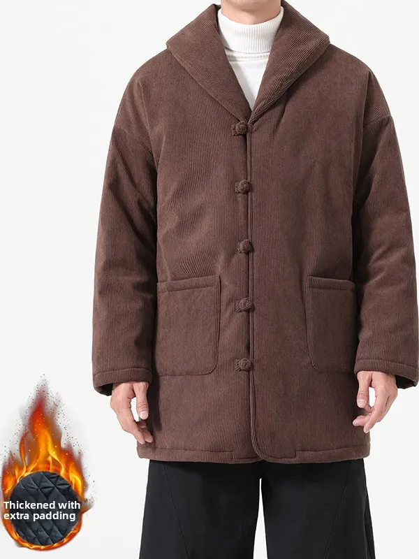 

Новая теплая хлопковая куртка в китайском стиле, большого размера, в стиле Тан, с отложным воротником, на пуговицах, ретро-пальто, мужская мода