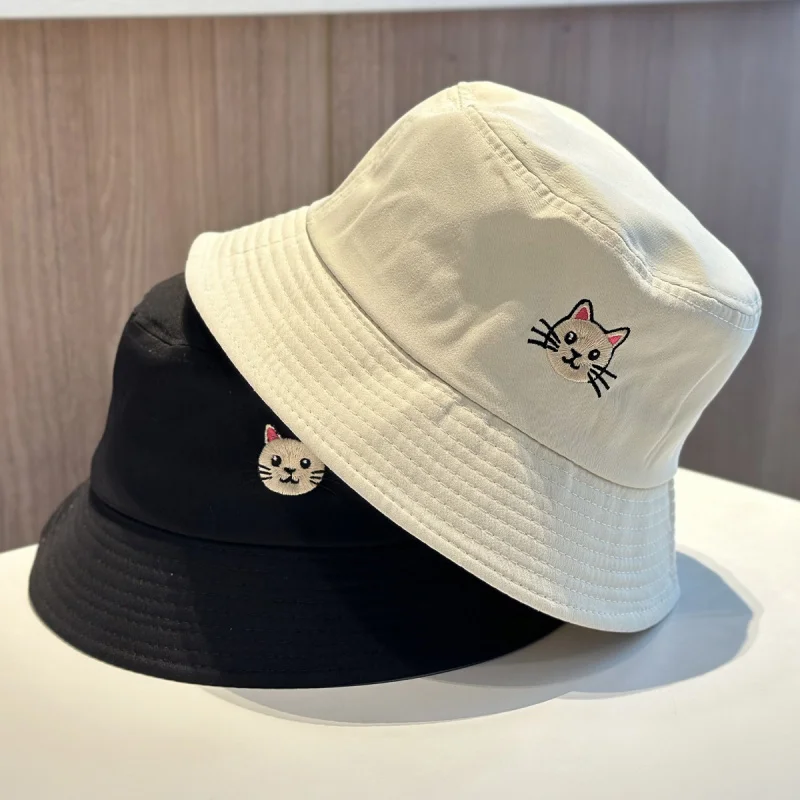 Korean-Style Women's Embroidered Fisherman Bucket Hat Summer Casual Double-Sided Sunshade Versatile Wide Brim Hat