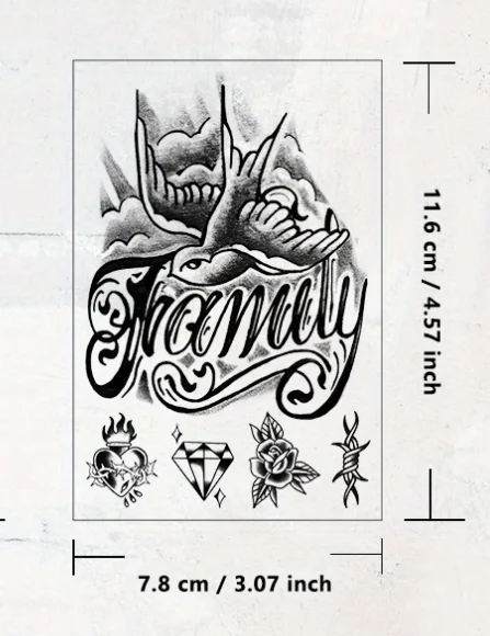 Wasserfestes Design, semi-permanente Tattoos, Tattoo im Retro-Graffiti-Stil – „Familie & Traum“-Motiv mit Rosen und weißen Tauben – modisches englisches Tattoo für Männer – temporäres Tattoo für Hals, Hand und Finger – Detail 5