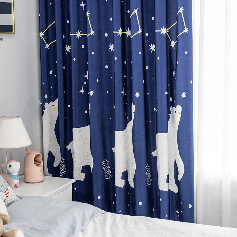 Polar Bear Stars Simple Fashionable Polyester-cotton Printed Semi-blackout Window Curtains for Living Dining Room Bedroom Home