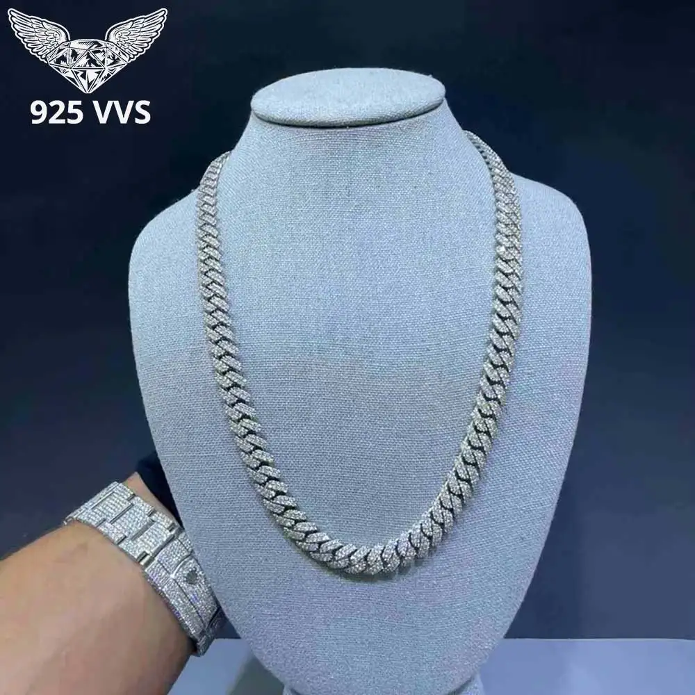 

925 Silver 10mm 2 Rows Moissanite Cuban Link Chain Bling Iced Out Pass Diamond Tester VVS Sterling Silver VVS Necklace