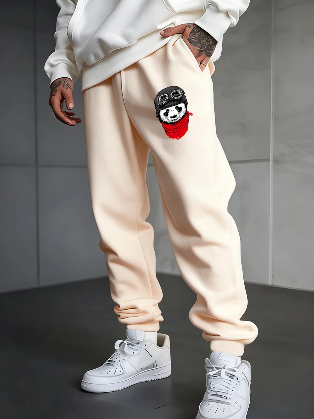 

Cartoons Panda Pilot Printing Sweatpants Men Basics Jogger Pants Pocket Fleece Warm Elastic Waist Trousers Casual Loose Clothes