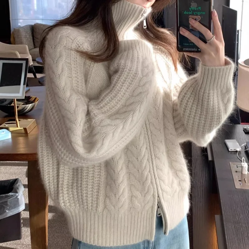 

Autumn winter thick 100% Merino wool hooded zipper cardigan casual thick warm women's clothing large size long sleeved tops