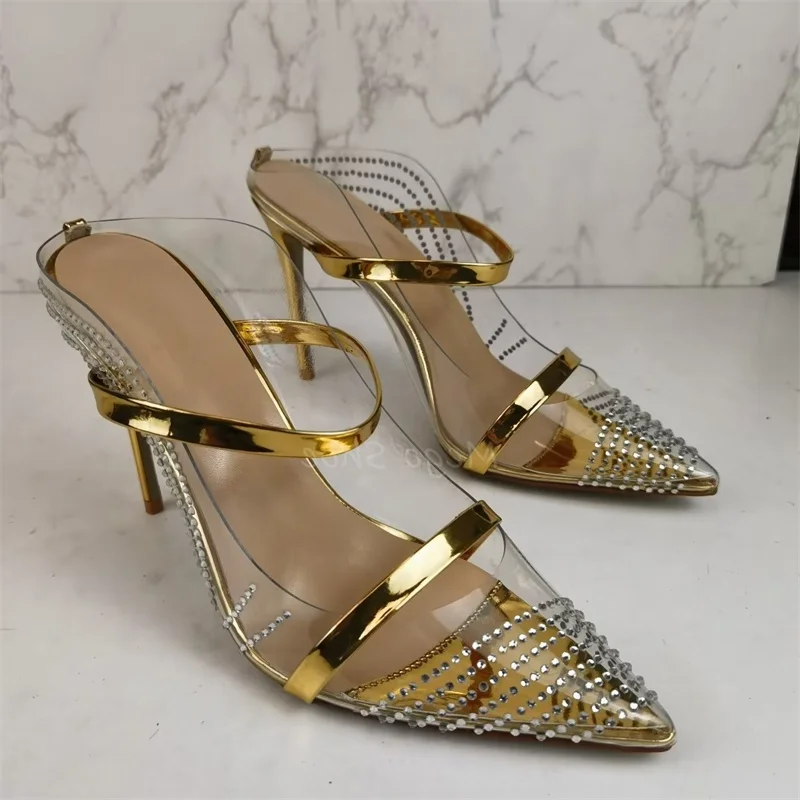 

Pointy Golden Air Mesh High Heels Sandals Women Stiletto Heel Rhinestone Decor Banquet Shoes Handmade High Quality Big Size 43