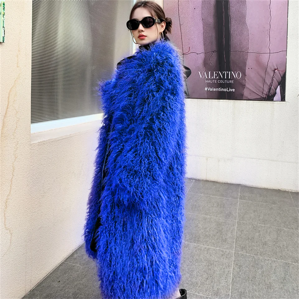 Luksusowy płaszcz z futra jagnięcego dla kobiet 2024 Winter Ladies Mob Wife Style Oversized Chunky Round Neck Faux Wool Fur Jacket Overcoat