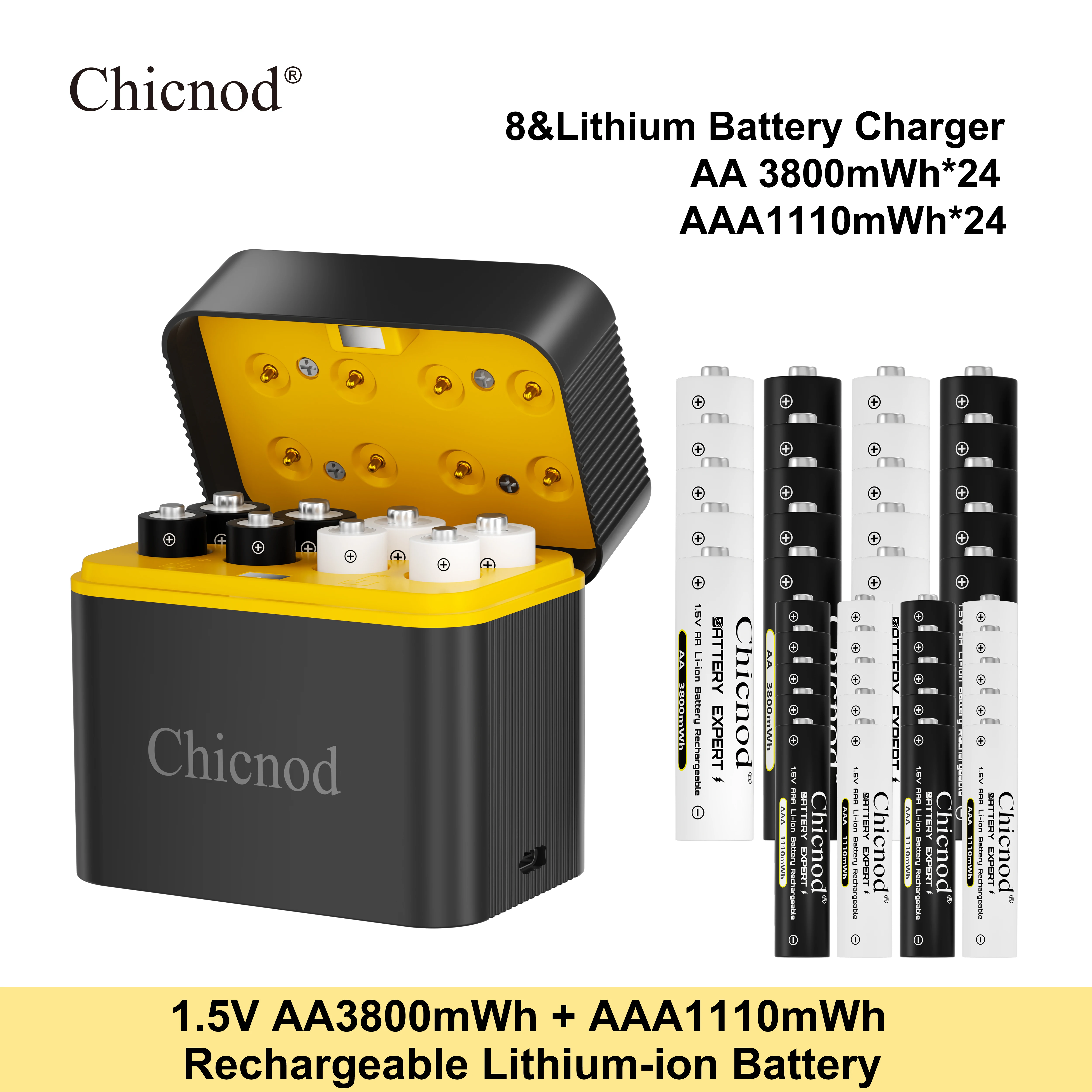 Chicnod AA AAA Rechargeable Battery Kit 1.5V USB Type-C Li-ion Batteries 3800mWh & 1110mWh with 8 Slot Smart Charger