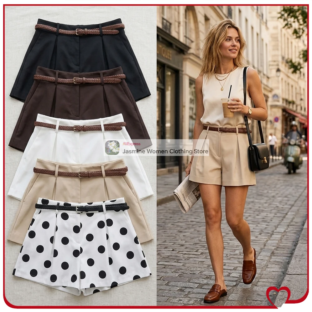 

New in Summer Stylish Women Mid-rise Shorts with Front Pleats and Belt Casual Belted Pleated Shorts with False Back Welt Pockets