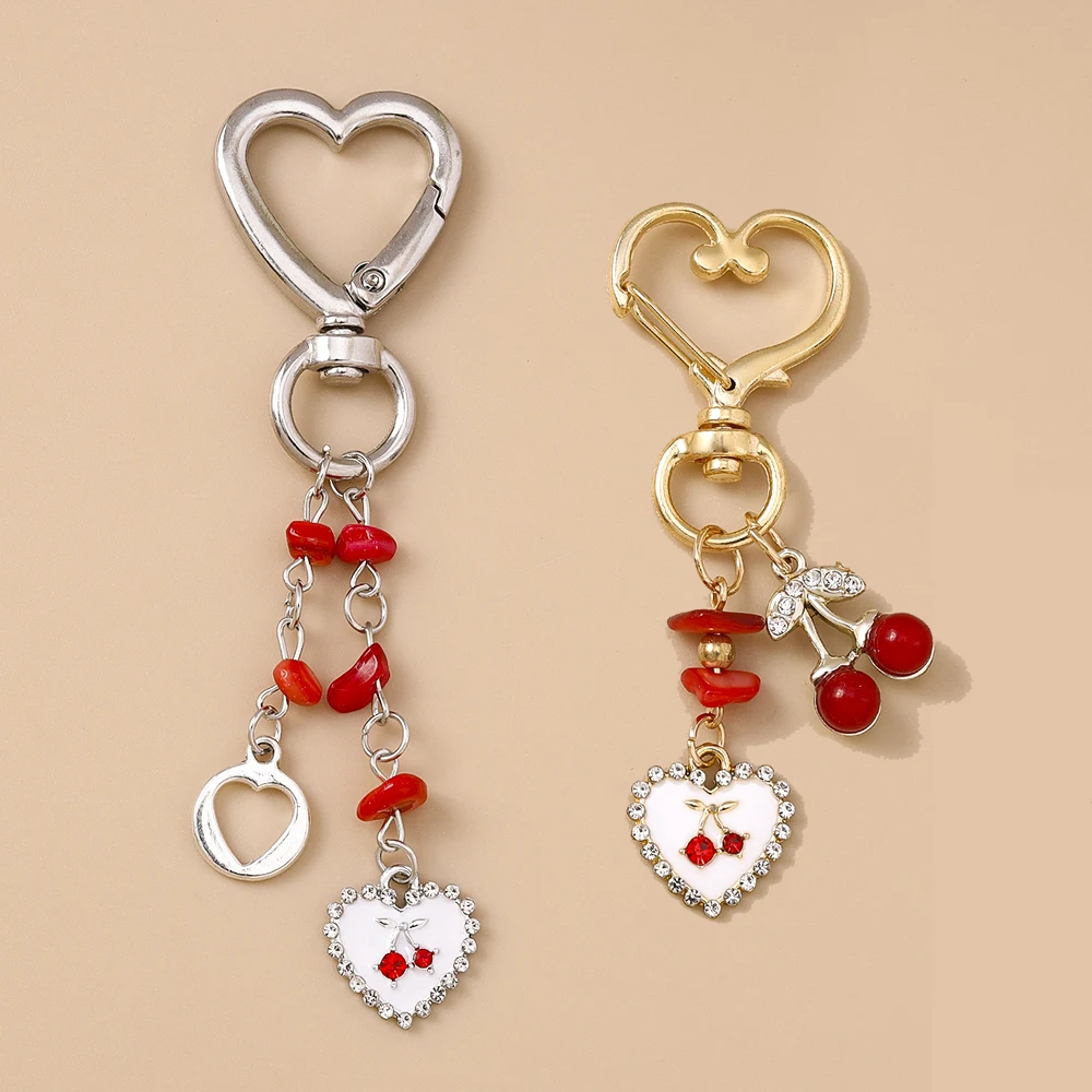 Aihua Exquisite Keychain Crystal Red Cherry Heart Pendant Keychain Rings for Women Men Bag Accessories Decoration
