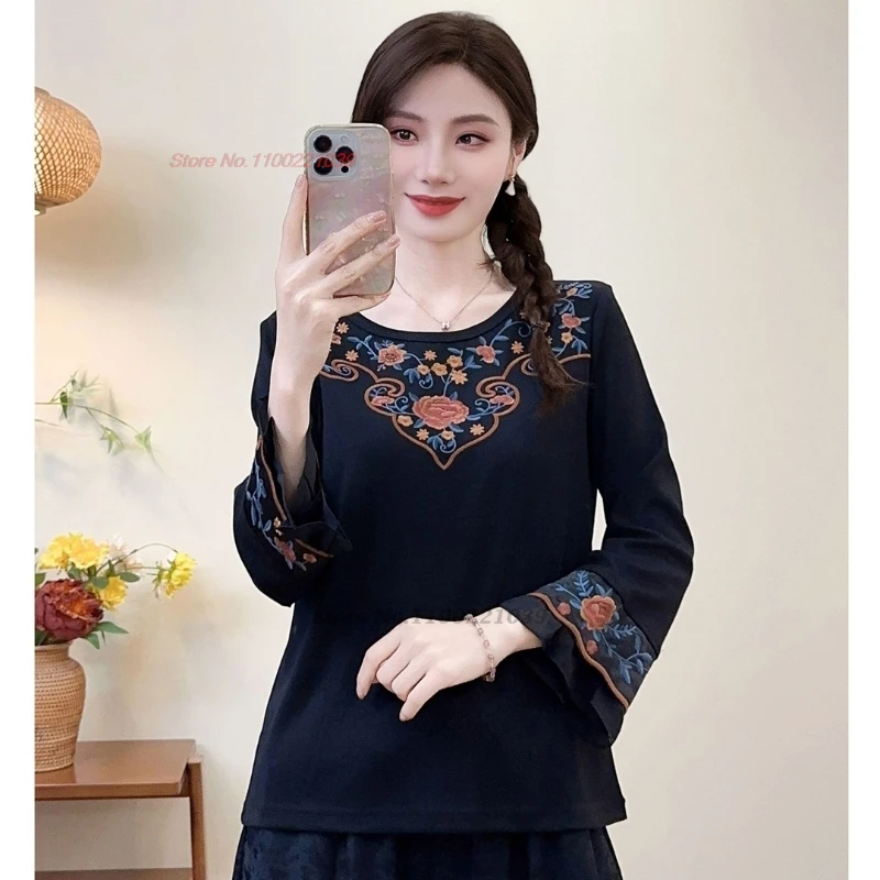 

2025 national flower embroidery ethnic o-neck shirt women traditional base shirt vintage shirt hanfu top chinese vintage t-shirt