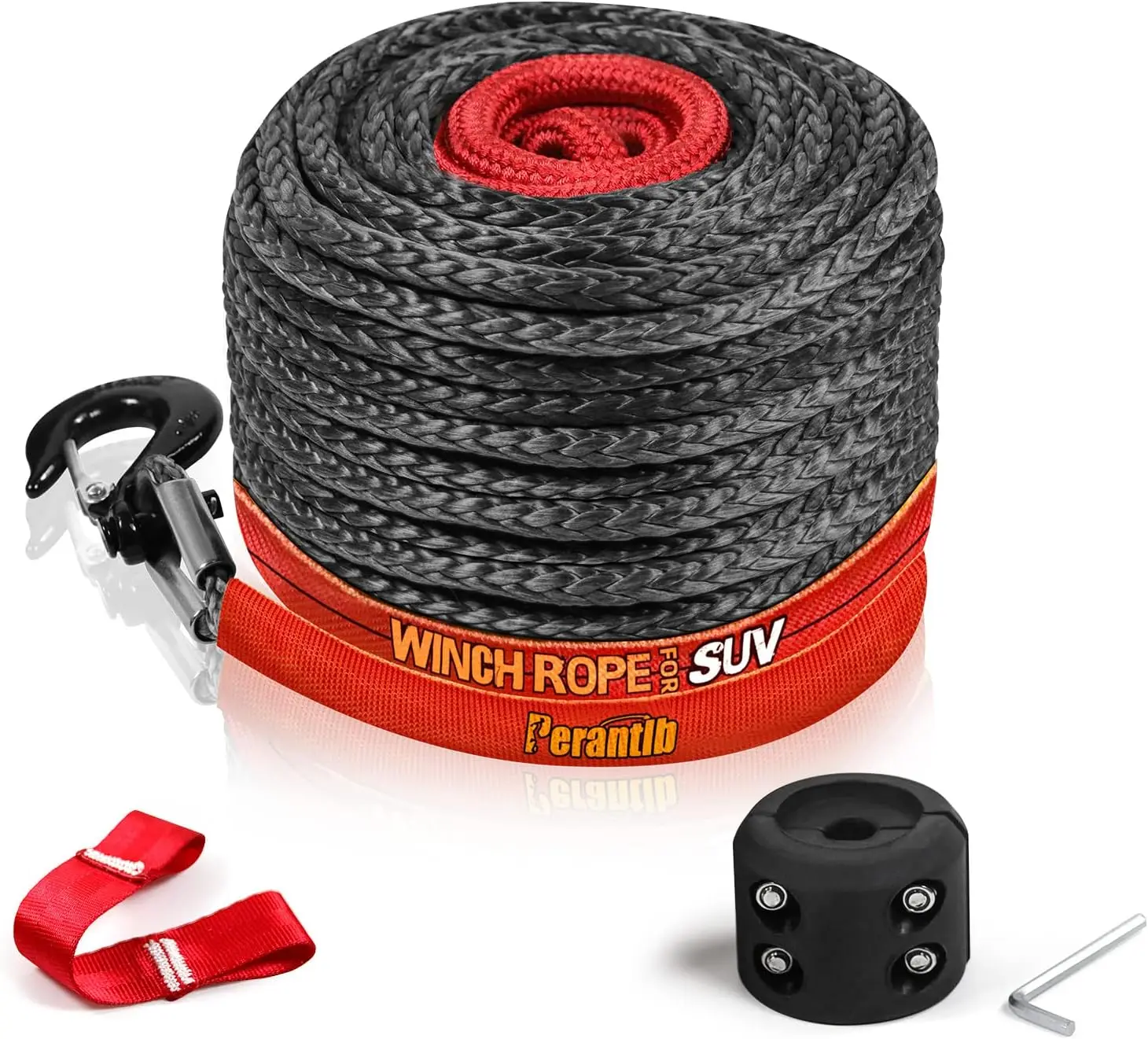 

3/8" x 100' Synthetic Winch Rope, 23800 lbs Capacity with Protective Sleeve, Forged Hook & Safety Strap for Trucks SUVs ATVs