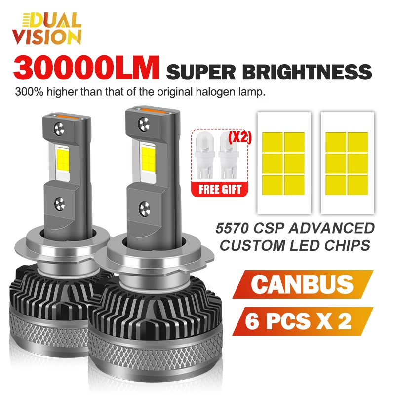 Dualvision 2PC Canbus H7 Led Car Lamps H4 H11 H8 H9  Car Headlight Bulbs 300W 30000LM 6500K Plug and Play LED Headlight