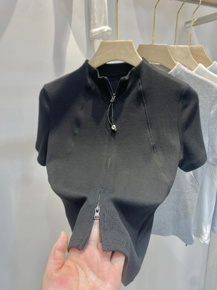 T-shirt ort Sve slim fit con doppia cerniera coreana Sle Commute Top da donna in poliestere di colore puro estivo nuovo arrivo