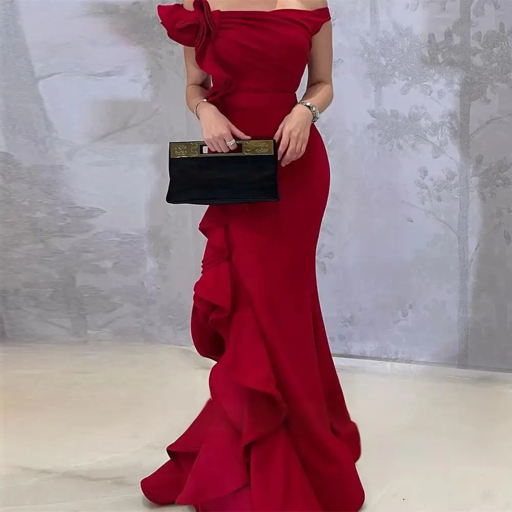 

Red Off Shoulder Evening Dress 2025 Ruffles Mermaid Sweep Train Pleated Floor-Length Saudi Arabia Wedding Party Dress Customized