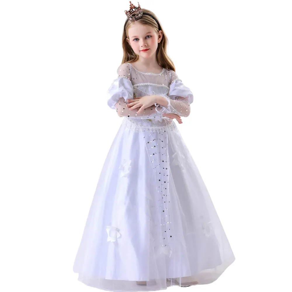 Girls Princess Costumes White Dress Snow Queen Princess Dresses Fancy Dress Up Clothes  Halloween Snow Party Cosplay