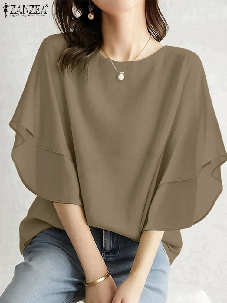ZANZEA Fashion Blouses Women Work OL Tops 3/4 Sleeve O Neck Elegant Blusas 2025 Solid Color Casual Loose Tunics Oversized