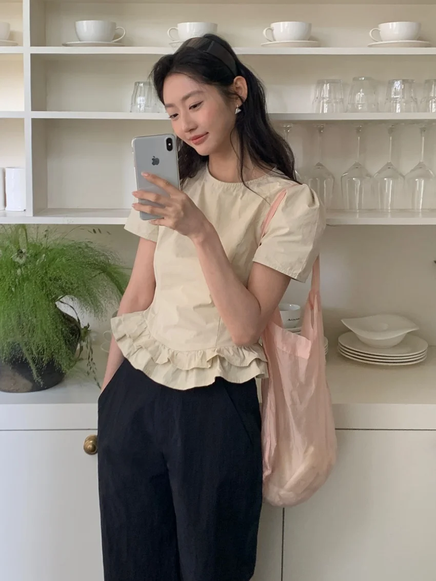 Alien Kittyเสื้อฤดูร้อนSlim-Fitใหม่ผู้หญิงสั้นพัฟแขนChic 2025 Daily Office Lady Casual All Match Gentle blusas