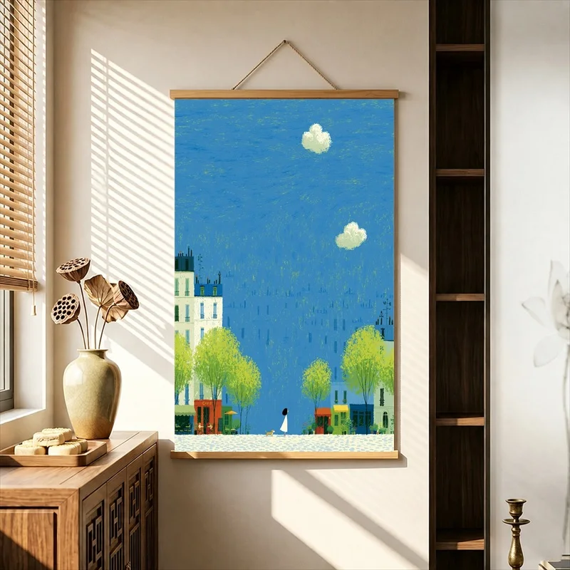Wall Decorations Blue City Streets and Peaceful Dog Walks, Soft Contemporary Pearlescent Canvas Hanging Scroll for Study Cafe